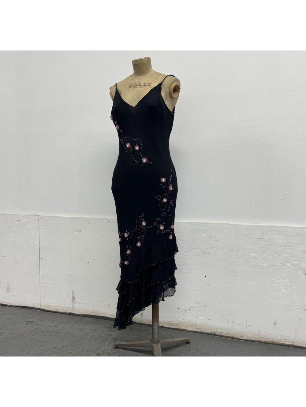 Vintage Y2K I.C.E. 3D Beaded Floral Black Silk Midi Dress